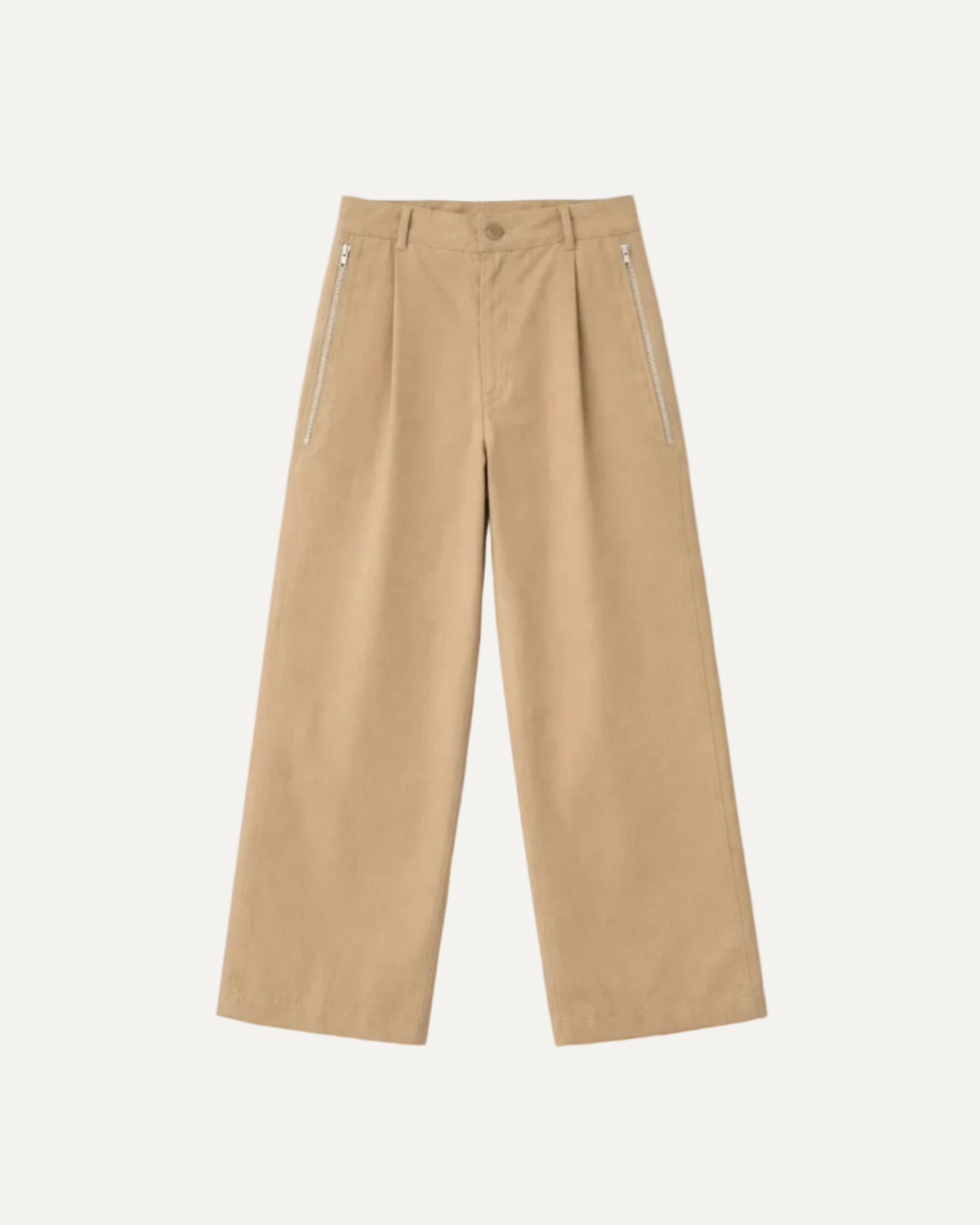 pantalon beige à poches zippées meus paris à plat vue face 