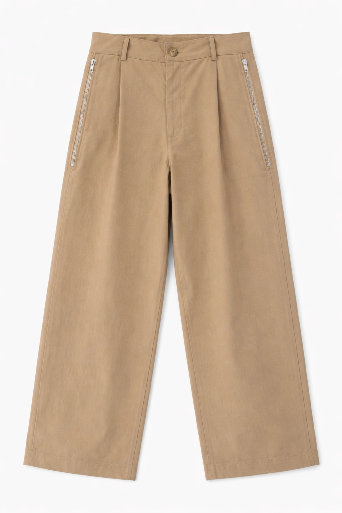 pantalon beige à poches zippées meus paris à plat vue face 